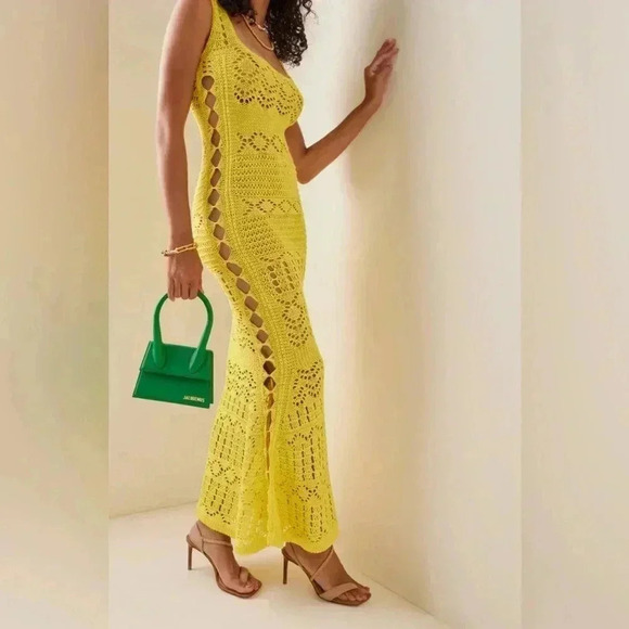 ALEXIS Crochet Maxi Dress Yellow L Sleeveless Cutout Coverup Bodycon Knit $825 - Picture 8 of 10